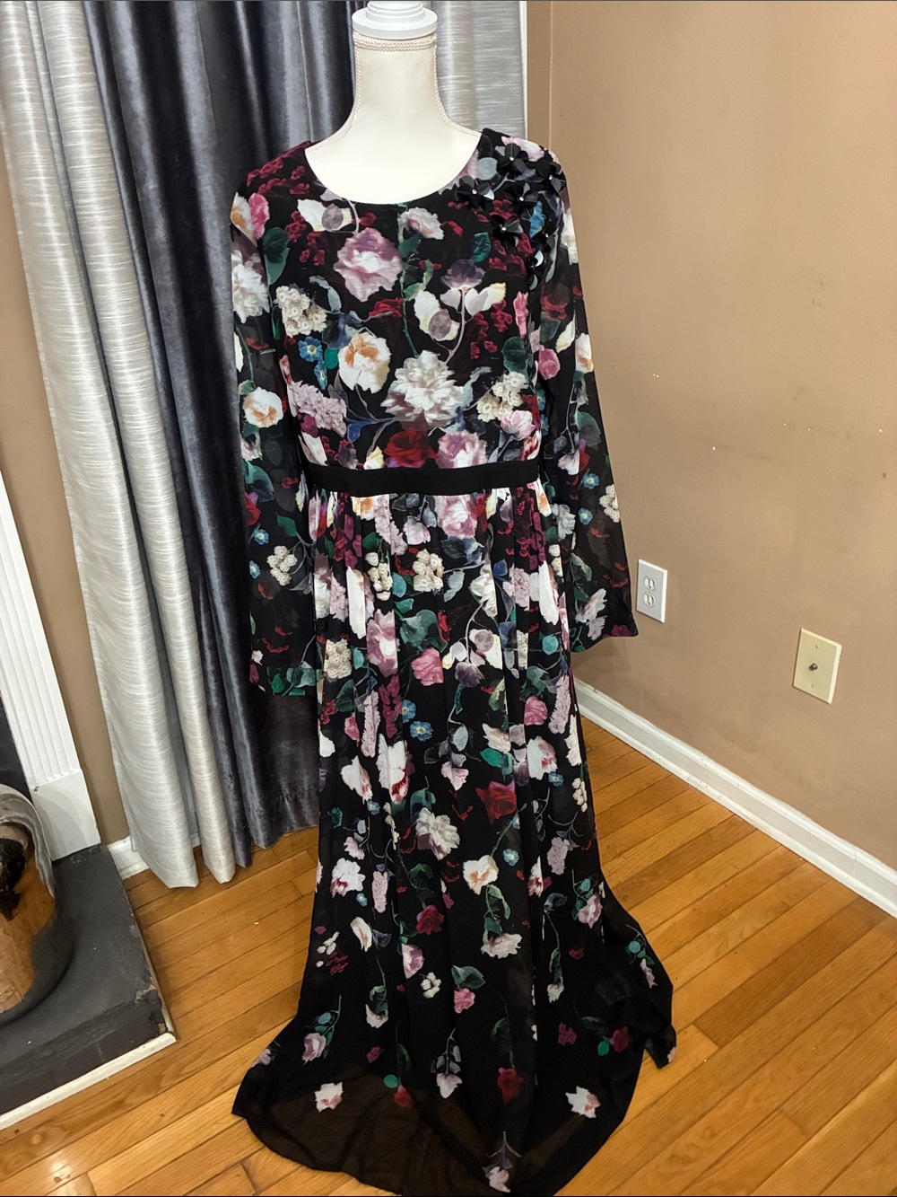 Little Mistress Black Floral Long Sleeve Maxi Dress